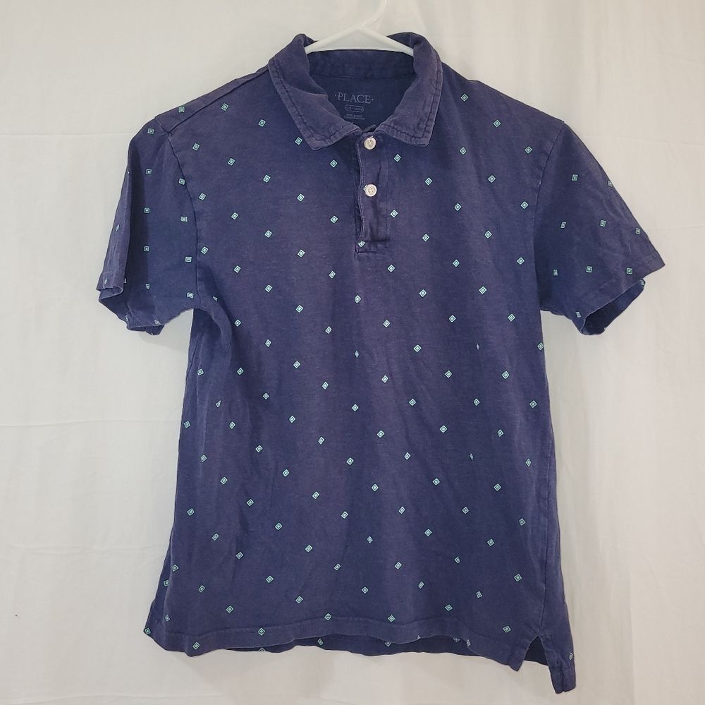 The children's place large 10/12 boys blue polo with green diamond accents